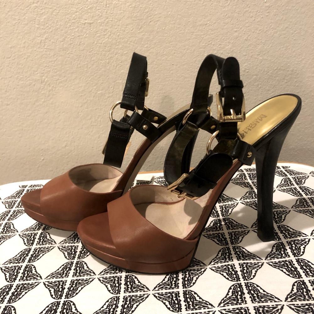 Brown and black high heel sandals